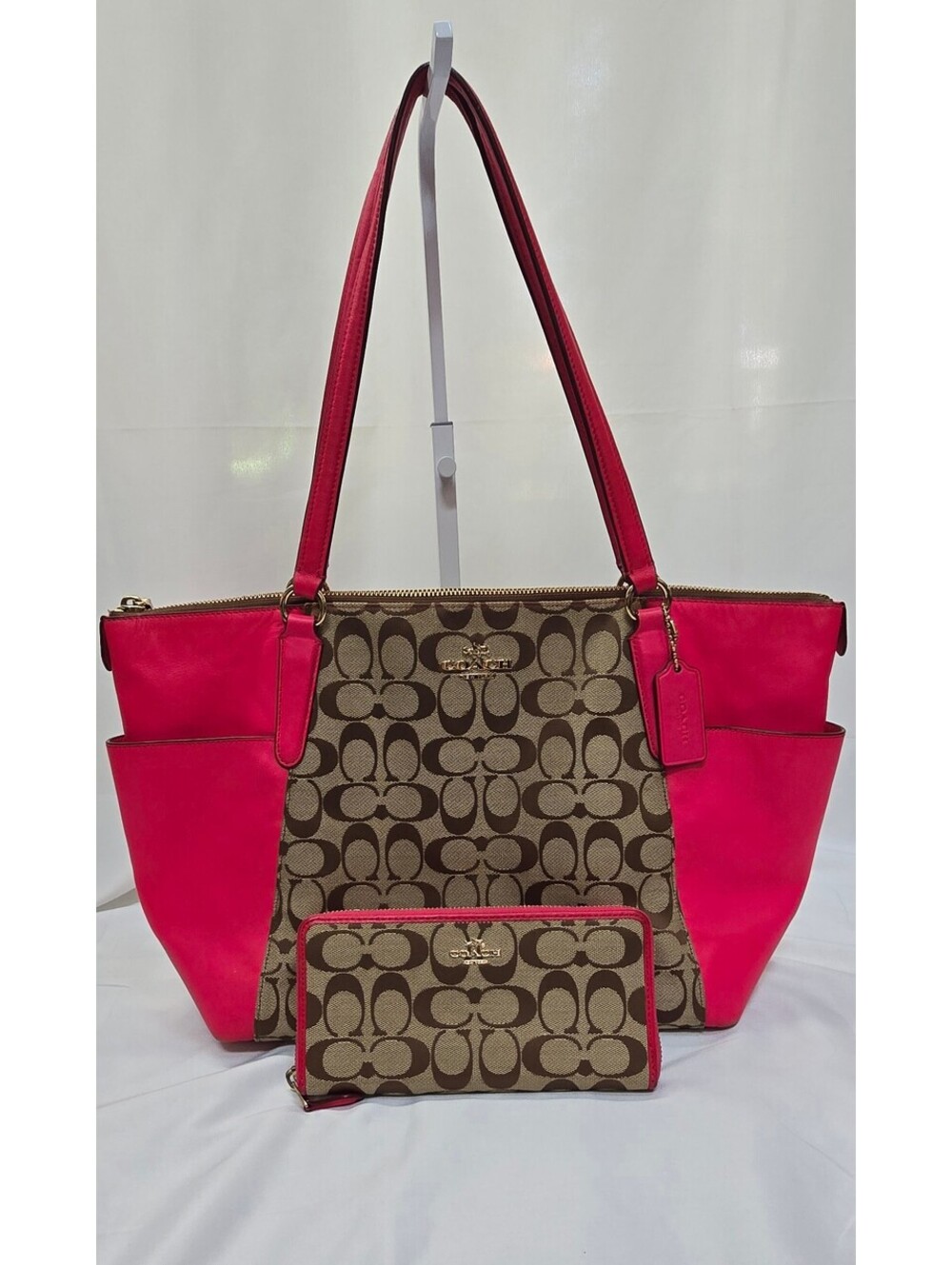 Coach Ava F37231 Signature Tote + Coordinating Zip Wallet Pink Khaki